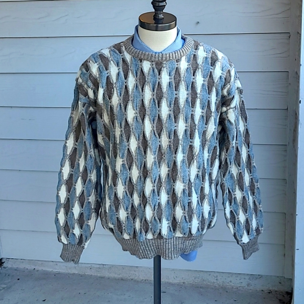 LE TIGRE Coogi Biggie Textured Brown Beige Grey Sz L‎ Mens Sweater 90s Y2K VTG